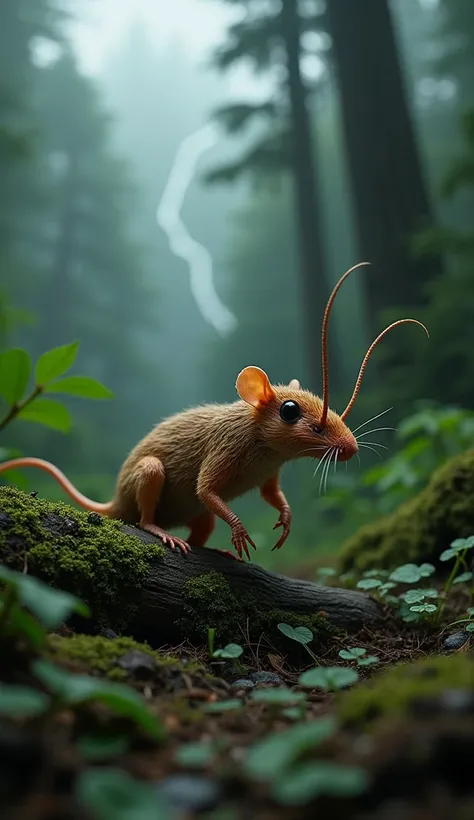 animal hybrid combination between mouse and cockroach in one frame, in a forest area and there are thunderclouds