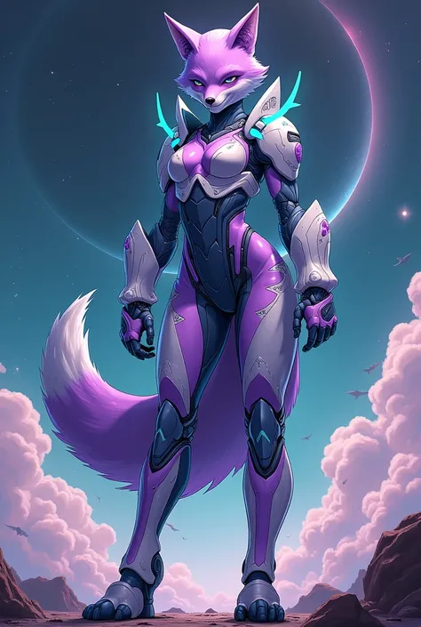 Anime: intergalactic bounty hunter armor with purple fox/teal polar bear aesthetic 