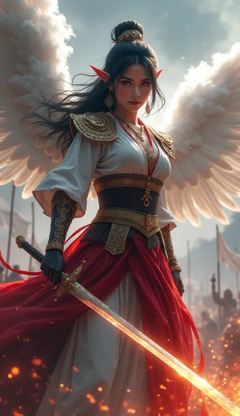 Indonesia,  lady commander with beautiful face and traditional dtess, sexy having sword of white smoke slayed every white flage team enemy, with eagle wings, red eyes, samurai mengeluarkan api