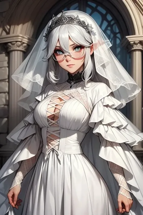 Veil on the head, gray veil, white hair, gray white, Guvéz art style ,  Arrogant and indifferent girl, half-closed,  White eyes,  White eyes, national style, gray-white