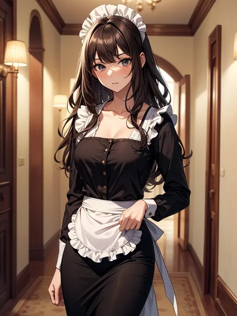 ((masterpiece, best quality:1.3, high detail)), beautiful woman, looking to the side, long wavy hair, (dark brown hair), (blouse), (long black pencil (skirt)), maid headdress, maid apron, collarbone, (lower body), palace, hallway, 