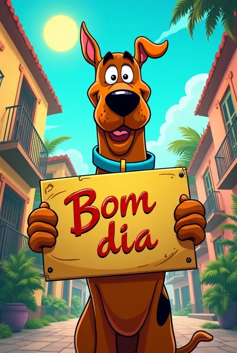 I want the image to be in the classic Scooby-Doo style in the image the Scooby-Doo is holding a sign this sign is written in Portuguese Good morning