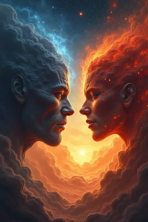 Earth and fire in space facing on each other 