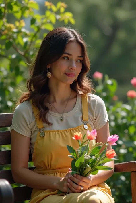  a garden teacher ,  resists because she had a bad day , Film Ribia y Morena ,  sitting on a bench in the garden desanmda, THEN HER STUDENTS NOTICE THAT SHE IS SAD AND SO SHE DECIDES TO GIVE HER SOME PLAYFUL FLOWERS LIKE A JOURNALIST 