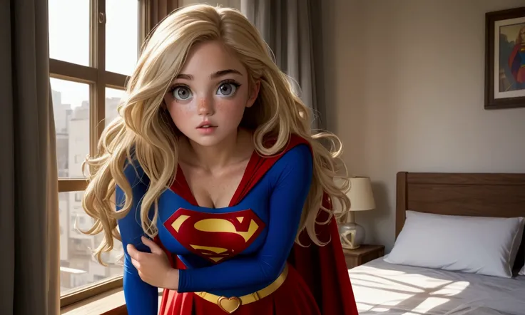 A cute woman(slightly plain face, freckles on face and chest, scattered light freckles all over, age 20, role of Super Girl, big bright eyes, long slightly dry dirty blonde hair, sexy outfit deep cleavage neckline and belly exposed) Striking a heroic pose,...