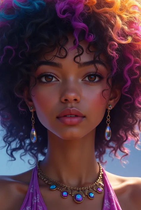 Close-up of a black woman with colorful hair and necklace, anime black girl with cosmic hair, Rossdraws soft vibrancy, Gouviz style artwork, fantasy art style, colorful], vibrant fantasy style, Rossdraws cartoon full of vitality, cosmic and colorful, Guwei...