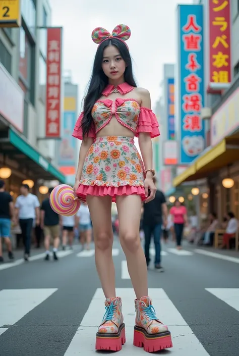 ARI Girl Women Japanese korean, A kawaii Asian teenage girl in a Harajuku outfit, holding a giant lollipop, standing in a colorful street, Ultra-detailed textures, 8K cinematic editorial style.