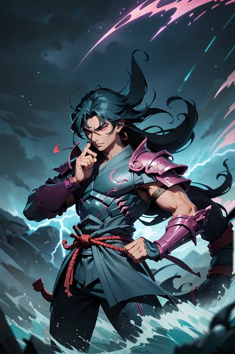 "Depict Susanoo, the storm god from Japanese mythology, in a legendary battle against the monstrous Yamata-no-Orochi, the eight-headed serpent. Susanoo stands firmly on the battlefield, his powerful form radiating divine strength. His wild, windswept hair ...