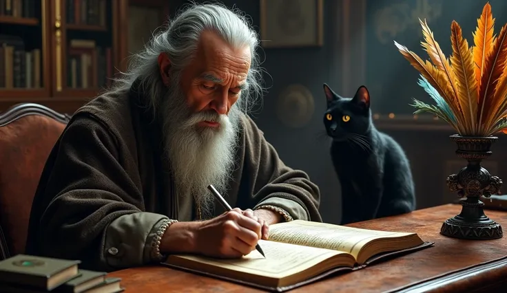 nostradamus, 60 years, with long gray hair and beards ,  writing on a large leather-bound book, with different bird feathers on a ,  holder and a black cat watching him from a shelf .