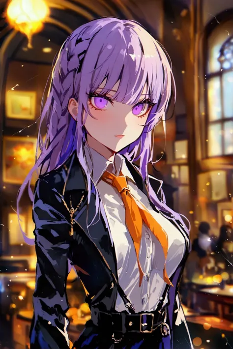  high definition ,  masterpieces ,  Anatomically Correct , Long hair, light purple hair, detective, White shirt, light orange tie, black leather coat, black leather glovesหุบปาก, thoughtful, The background is an anime detective office,  Anime Party Dress, ...