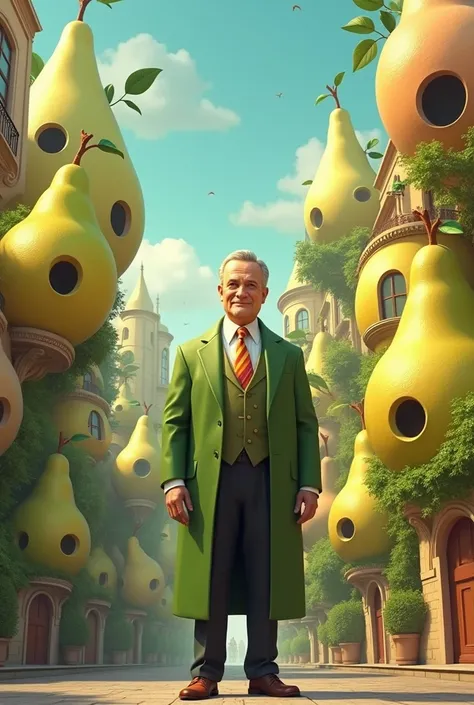 Its a mayor of a city where the houses are all pears (the fruit) 