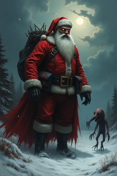 Create a dark Christmas painting of Santa with the dreaded Miana