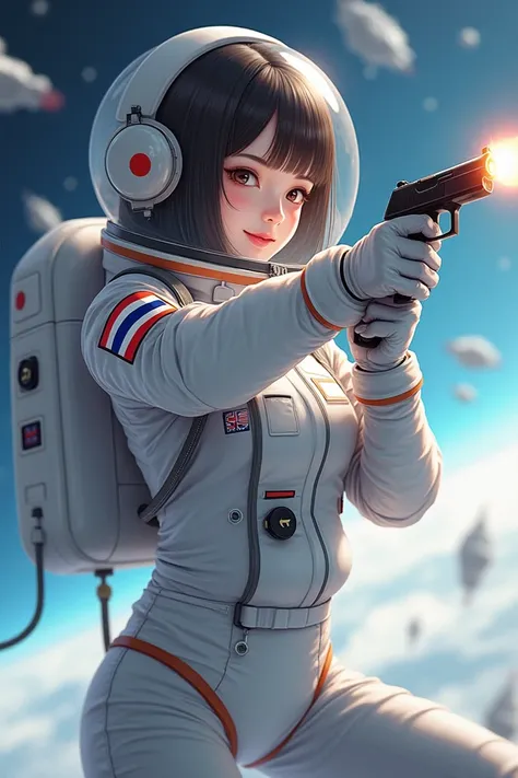 Real charming astronaut character depicted as a real beautiful realistic chinese girl long bangs hair , white dressed in spaceman traditional , is performing a space gun-drawing action while looking down. This character features beautiful brown eyes and a ...