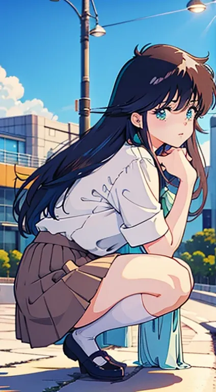  anime girl wearing a short skirt,  Attractive Anime Girl ,  anime style, animated girl squatting ,  Azure Runway Style ,  Marin Kitagawa costar ,  A beautiful anime girl squatting , fleet collection style, [thicc, Animation cute style,  style, a Super rea...