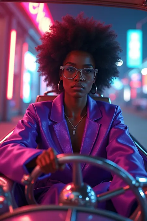 Draw a dark-skinned person with afro hair and glasses wearing purple disco clothes driving a car with disco lights