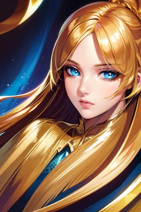 [art, ultra graphic, detailed image, 4k, 32k] image focused on the characters face, character looking at the viewer, a maiden, golden hair and deep blue eyes, full lips and incredibly beautiful face, confident expression on the face, detailed eyes