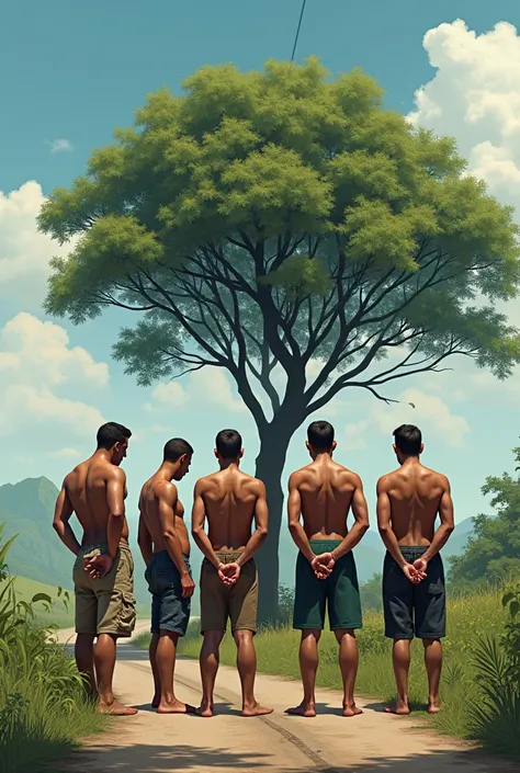 Make 6 men peeing on the side of the road stand facing a tree 