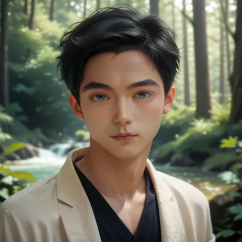 score_9, score_8_up, score_7_up master piece,realistic,Im taking a walk in a beautiful forest,Nagi XL,japanese beautiful boy, 19-years-old,black hair,dark blue eyes,small smooth face,(slim)