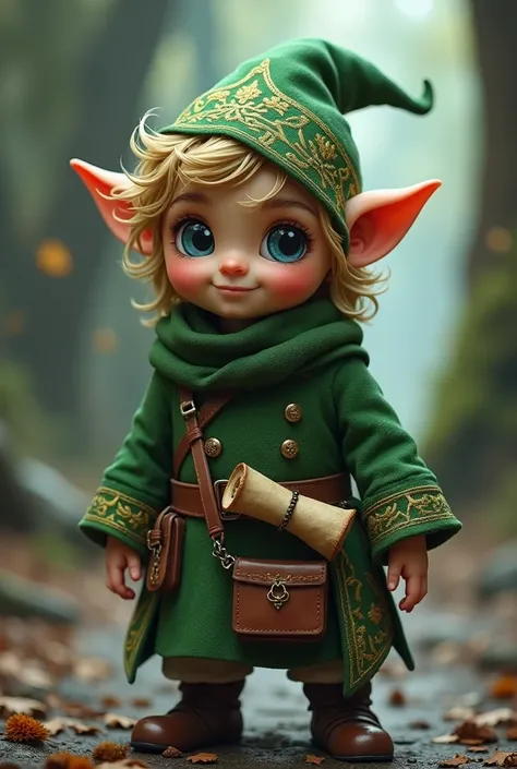 A bardo gnome ,  with dark blue eyes and dark curly blond hair.  He wears a green minstrel costume ,  with details embroidered in gold and a dukes hat .  On his belt hangs a scroll of parchment ,  a small purse and a short sword .