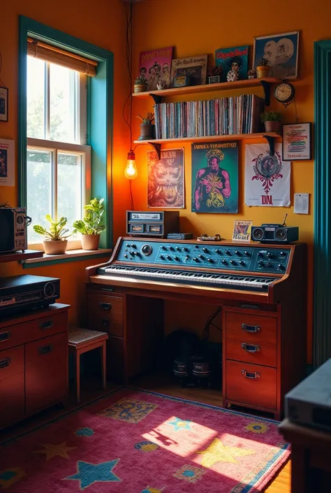 Picture of an 80s teenagers room with a music console and vintage colors 