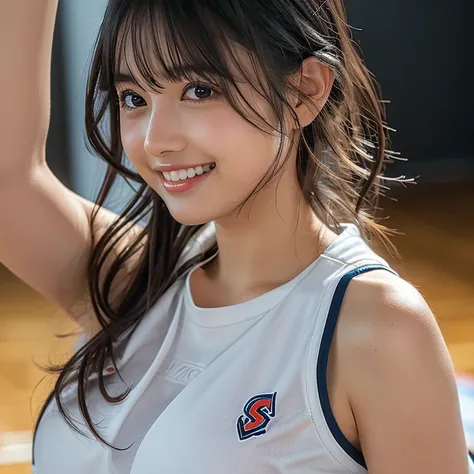 (​masterpiece, top-quality,  super A high resolution ), from side,  full body photo, (((very beautiful  girl))),  playing basketball , Very cute girl,  Japanese woman in charge of horn,  short hair ,  Very Cute Face ,  glossy lips , Double eyed , A cheerfu...