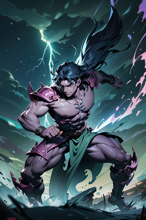 "Depict Susanoo, the storm god from Japanese mythology, in a legendary battle against the monstrous big snake, the eight-headed serpent. Susanoo stands firmly on the battlefield, his powerful form radiating divine strength. His wild, windswept hair is whip...