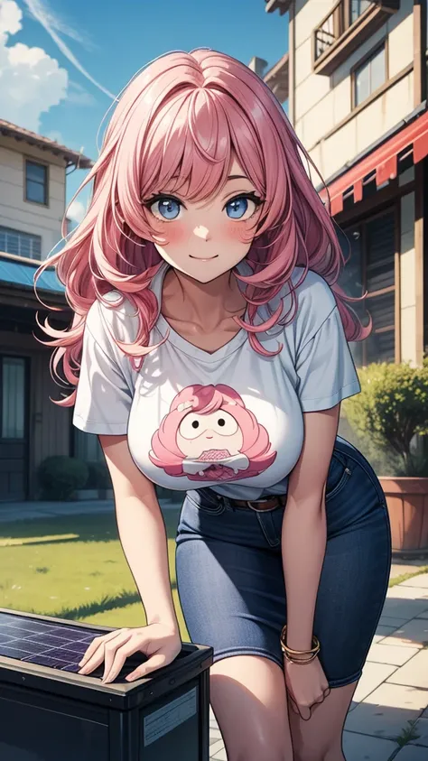 ((masterpiece, best quality:1.3, high detail)), beautiful woman posing by solar panels, leaning forward, smile, long wavy hair, (pink hair), (full-face blush), ((blue t-shirt), graphic tee), (long white midi pencil (skirt)), large breasts, skirt belt, tigh...