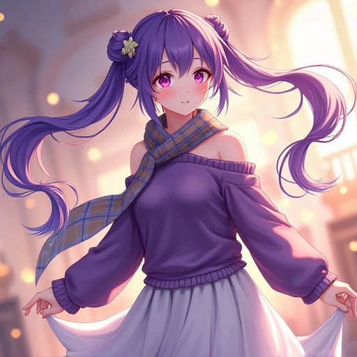 (Realistic painting style:0.9), masterpiece, best quality,  absurdres, looking at viewer, solo, keqing (lantern rite) (genshin impact), keqing (genshin impact), hair bun, skirt, scarf, purple sweater, white skirt, purple hair, sweater, twintails, purple ey...