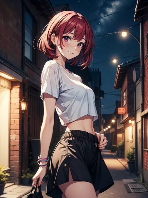 ((masterpiece, best quality:1.3, high detail)), beautiful woman running, smile, view from behind, looking at viewer, medium hair, (maroon hair), full-face blush, (white t-shirt cropped), ((long black skirt)), midriff, navel, bracelets, collarbone, outdoors...