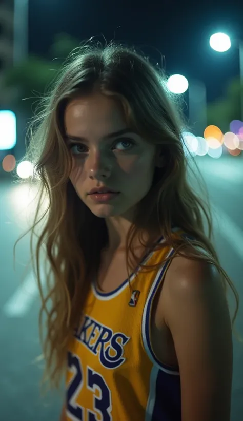 Thumbnail for a you tube channel, a blurred image, the scene out of focus, a faded and out-of-focus snapshot from a phone captures a girl, looking far away, her stylish 23 Lakers jersey a touch of rebellion and attitude against the dimly lit cityscape. A b...