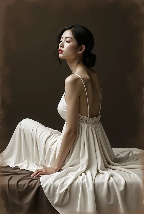 (white charcoal on dark brown paper) (full body view)  drawing of a woman in a white dress sitting on a bed, a fine art by Zou Zhe, trending on pixabay, figurative art, sensual, wlop  style, hue, , figurative , style of pino daeni