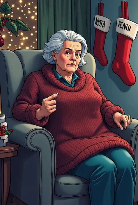 Batman Beyond TV show art style, old woman (dress, grey hair updo) sitting in chair, holding up a sweater, Christmas decorations, stockings with names Nyota Rennu and Lopori, line art