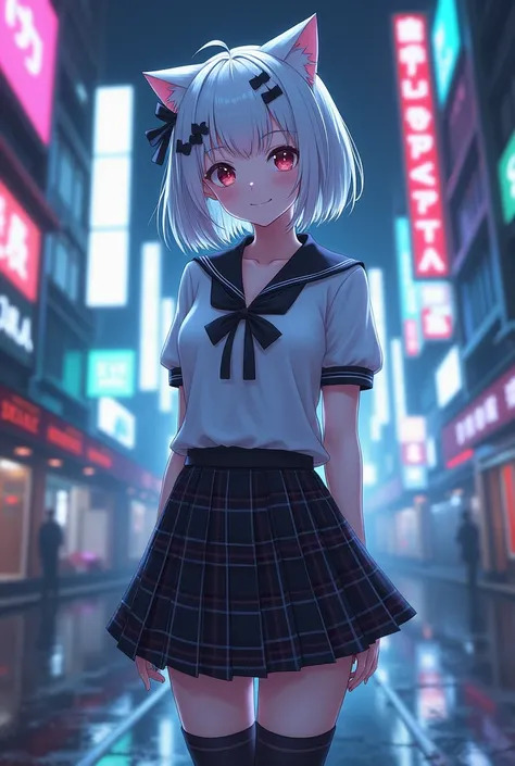  Create me a cyberpunk wallpaper of the front of Koneko Toujou wearing a female school uniform .  This includes a white blouse with a black bow , a short plaid skirt ,  and black knee-length socks with hair is white and short in the front ,  has two long l...