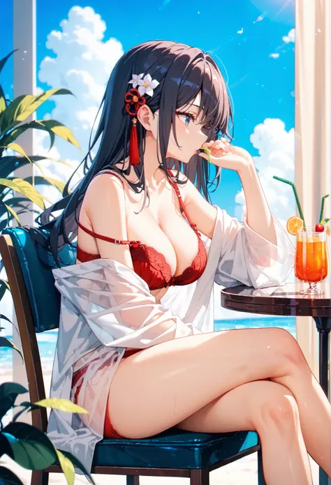 an anime style cartoon of a young woman holding a drink in her lap,  1girl, breasts, solo, sitting,dazzling long hair, underwear,  bra, white shirt, shirt, off shoulder, crossed legs, thighs, red bra, from side, mole, plant, cup, cleavage, drinking straw, ...