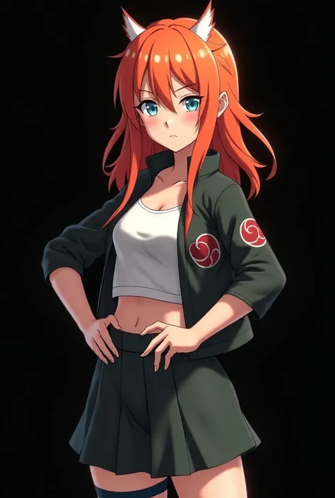 (photonaruto:2.3), Female Character from Naruto, Age: .  with a full body. Designed with the features of the anime Naruto . Height: 1,60 m,  Weight: 50 kg, hair: fire-colored orange plates with two white highlights on the front. loose hair. Light blue-gree...