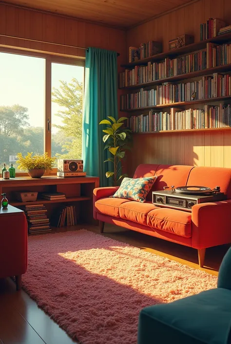  Realistic image of a living room from the 80s, in technicolor,  with a music player , with vinyl records  