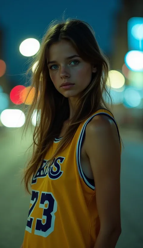 Thumbnail for a you tube channel, a blurred image, the scene out of focus, a faded and out-of-focus snapshot from a phone captures a girl, looking far away, her stylish 23 Lakers jersey a touch of rebellion and attitude against the dimly lit cityscape. A b...