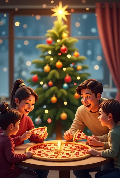 Create me a design with a Christmas pine tree ,  in the center and on the sides a family eating a pizza 