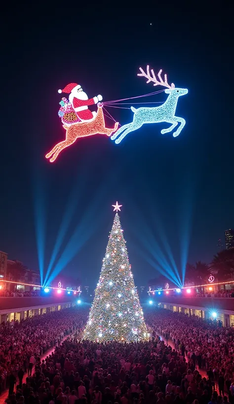 A spectacular nighttime drone light show featuring an awe-inspiring display of Santa Claus and his reindeer soaring through the sky. The drones emit vibrant, radiant lights, precisely outlining Santas iconic silhouette, detailed festive attire, and sleigh ...