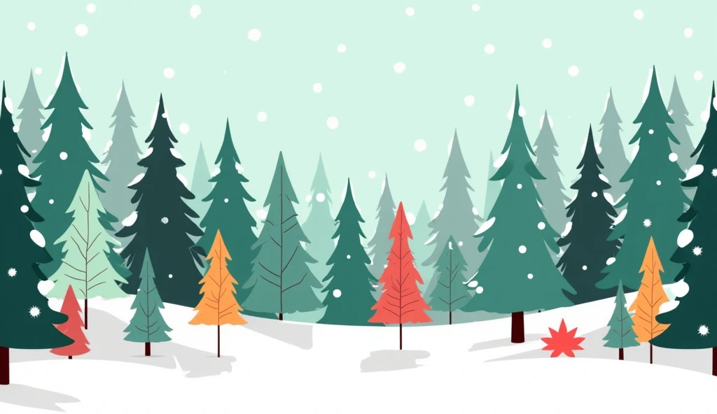 A snow covered forest with pine trees, maple trees and other trees background, without any animals. Generate simple cartoon images