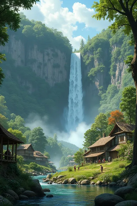 village with waterfall