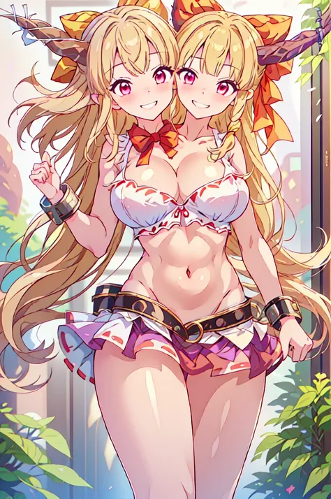 (masterpiece, best quality), best quality, (ultra-detailed), (3heads:1.5), 1girl, (suika ibuki:1.3), masterpiece, (best quality:1.5, highres, UHD), highres, absurdo, ultra detail, ultra quality, Ultra resolution, tattered pale pink top, crop top, ((stomach...