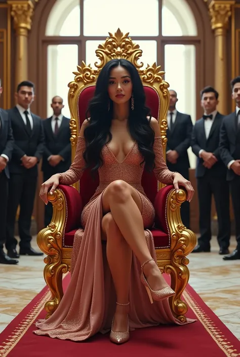 A luxurious scene featuring a confident young woman, withe with blak wavy hair, sitting on an opulent throne made of diamond and velvet, exuding power and authority. She is dressed in an elegant, high-fashion outfit with intricate details in rose gold, con...