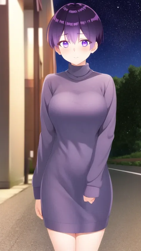 masterpiece, best quality, high quality, girl, solo, looking at viewer, yuuki_izumi, purple eyes, purple hair, large breasts, sweater dress, long sleeves, turtleneck, outdoors, street, standing, cowboy shot, night