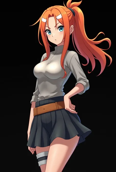 (photonaruto:2.3), Female Character from Naruto, Age: .  with a full body. Designed with the features of the anime Naruto . Height: 1,60 m,  Weight: 50 kg, hair: fire-colored orange plates with two white highlights on the front. loose hair. Light blue-gree...