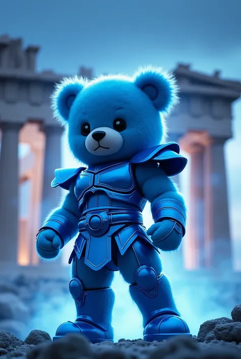 Saint Seiya Rilakkuma 　Blue Ultra Realistic Cinematic , ( full body),  Toe Standing Action Pose Parthenon Background