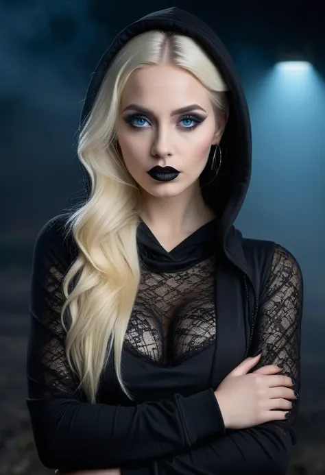  REALISTIC IMAGE, She is a powerful woman , she is serious,  she has her arms crossed, a hand on the chin, thinking, She has black nails , BLONDE WOMAN, light skin, blue eye,  blonde hair , She wears black lipstick ,  gothic makeup ,  sexy body. Shes weari...