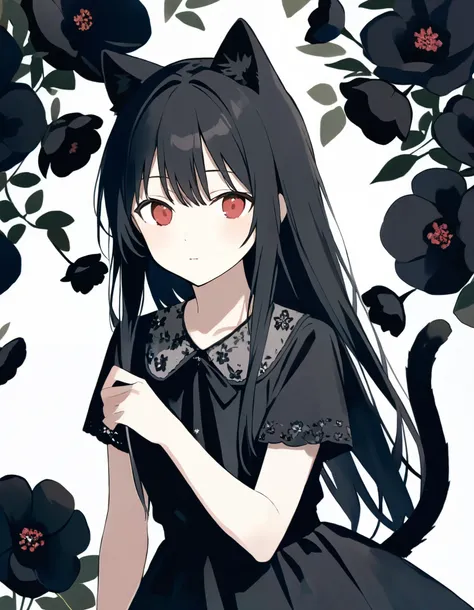 1girl, black hair, long hair, red eye, many black flower, Front View, cute, black dress, cat ear, tail