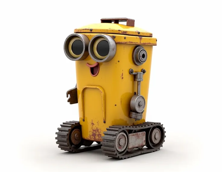 A cute trash can robot made of yellow metal, track wheels for legs, with big eyes and detailed texture, steampunk style with a pure white backgrounds