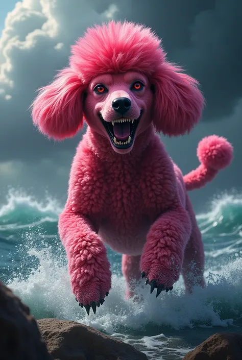 An angry red-eyed pirate poodle with straight pink pink hair
